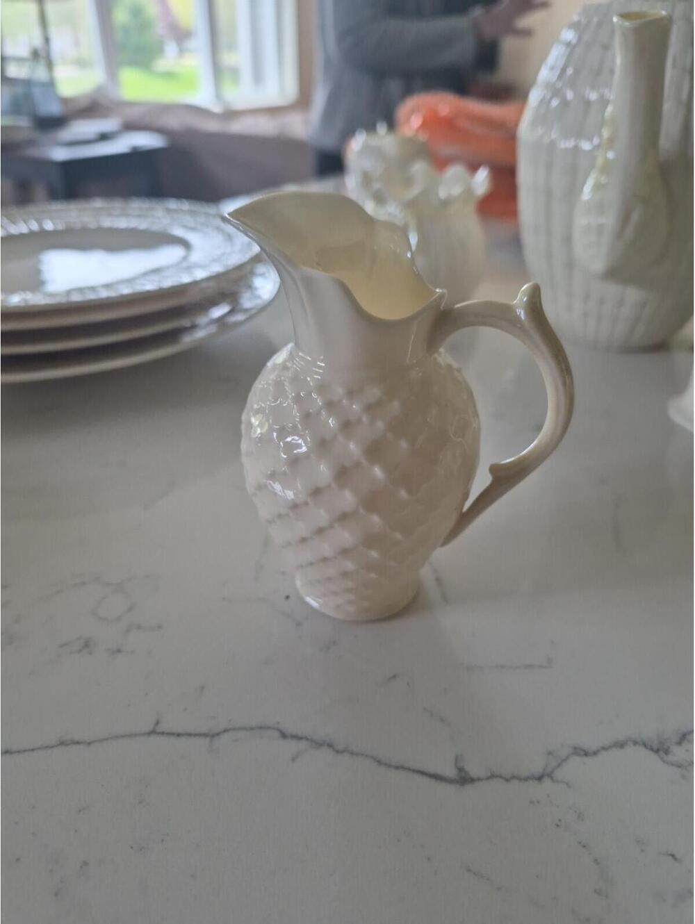 BEAUTIFUL IRISH BELEEK 4 " TALL pitcher-"BASKET WEAVE?  PATTERN".